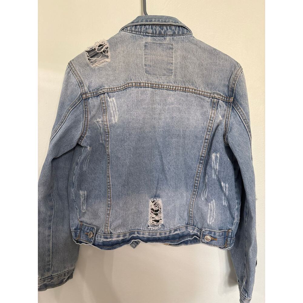 Angel Kiss Distressed Denim Jacket Women’s Large Cropped Light Wash - Picture 2 of 3